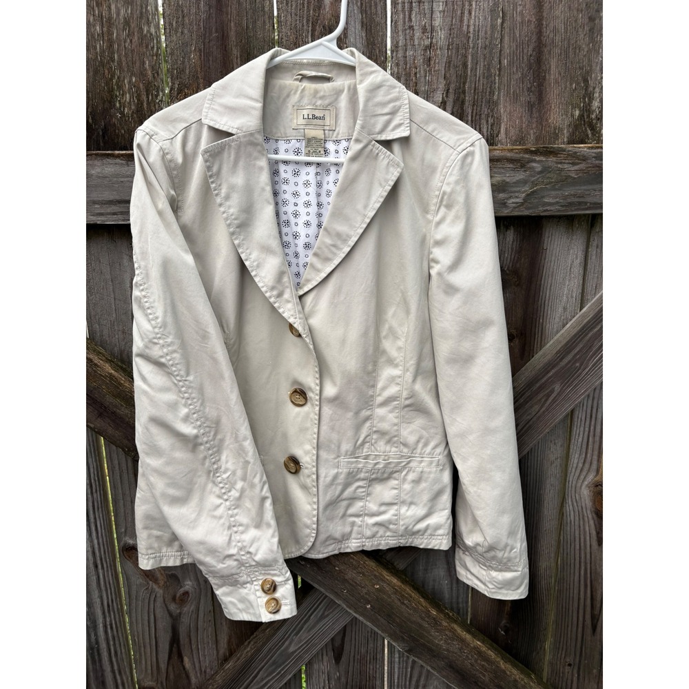 LL Bean Womens Stone Beige Cotton 3 Button Blazer Jacket Size 12 Reg 0JHL8 Chore